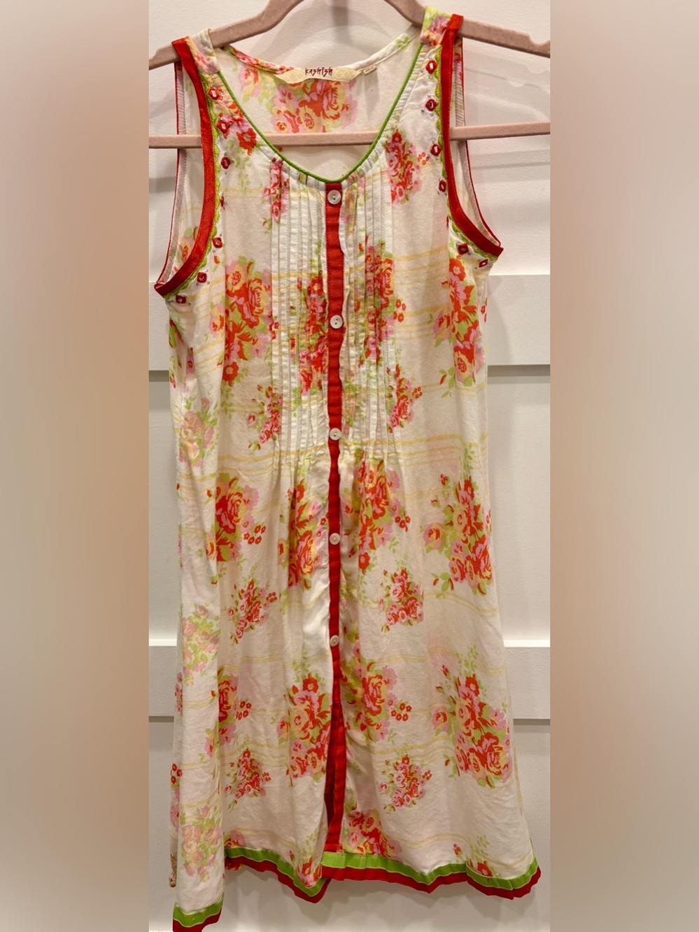 Sleeveless Floral Midi Dress in White with Pink and Green Trim - Picture 1 of 6
